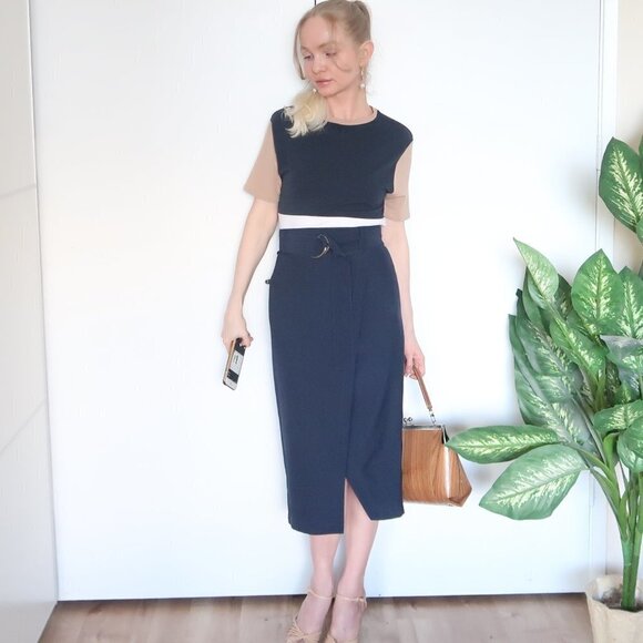 Zarina Smart Navy Blue False Wrap Midi Career Pencil Skirt With Belt S - Picture 16 of 16
